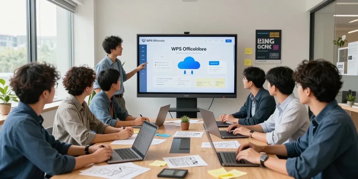Dynamic team introducing features from the WPS Official Website in a modern office.