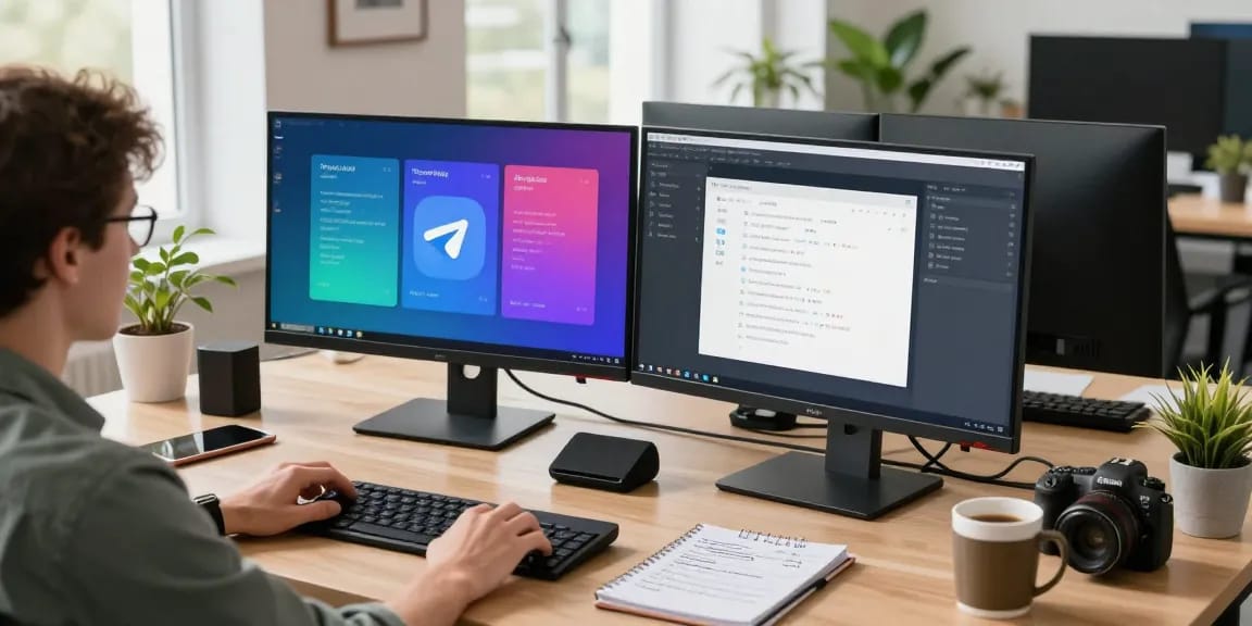 Configuring Telegram Chinese interface in a modern workspace setting with technology and translation notes.