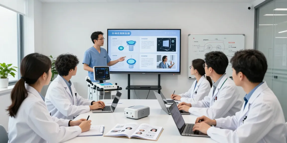 Medical device sales meeting with sales rep showcasing portable ultrasound machine to doctors, highlighting innovative healthcare technology.