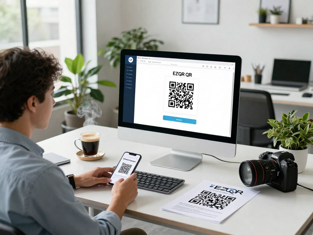Creating QR Code Generator Canada in a modern office setting, user designing QR codes on a computer.