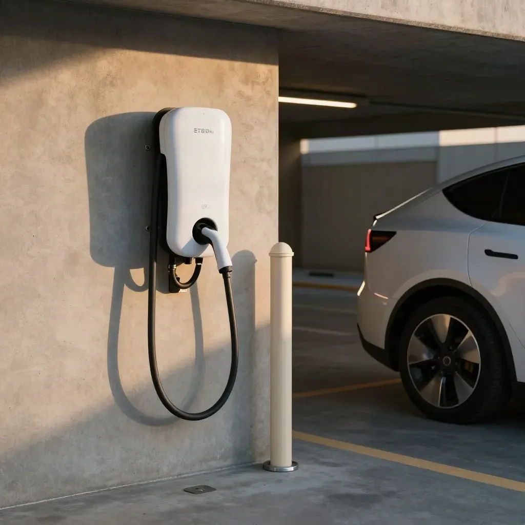 Wall-mounted EV charger beside a condo parking stall with a parked electric car and concrete garage details.