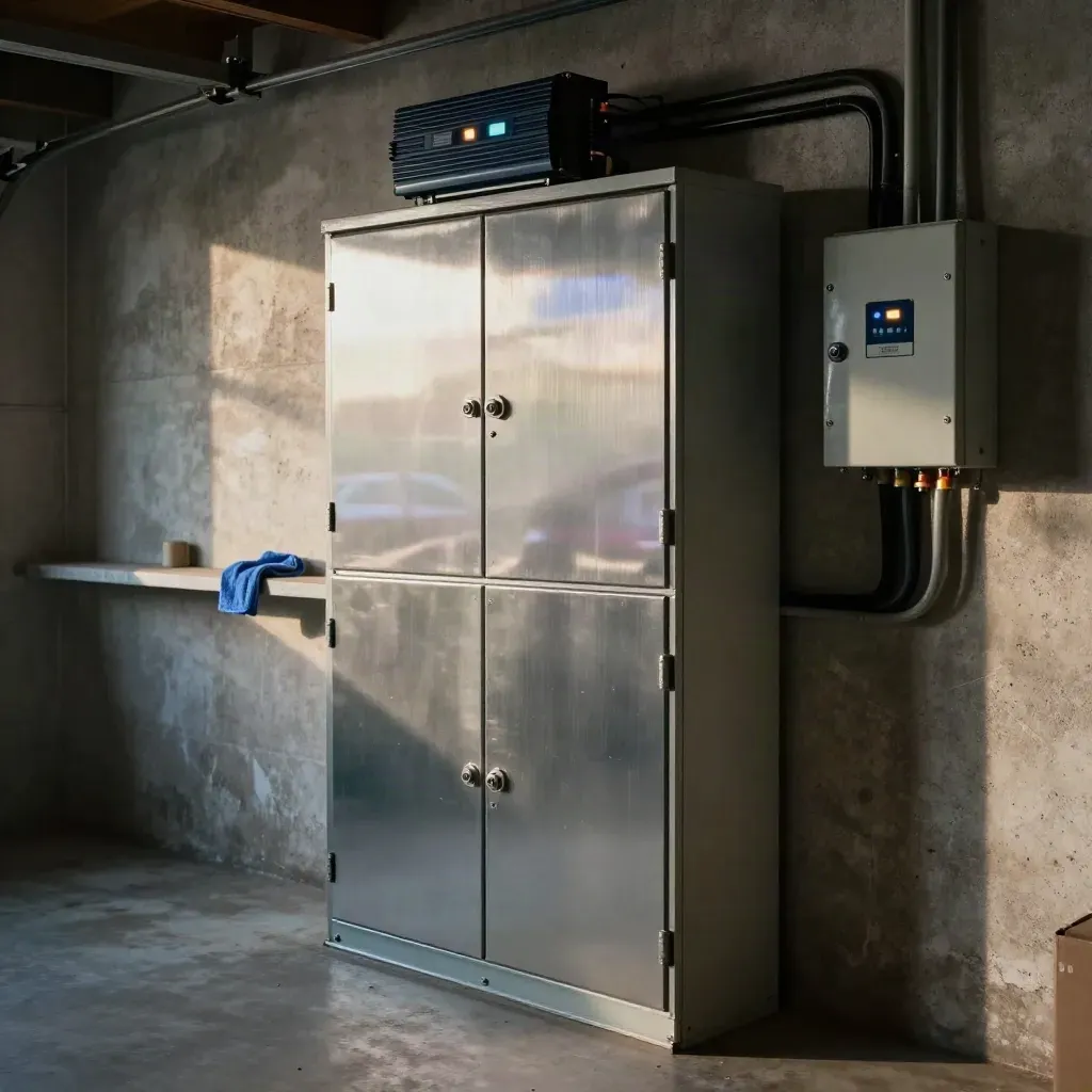 Battery cabinets and inverter on a garage utility wall, softly lit with a subtle indigo glow.