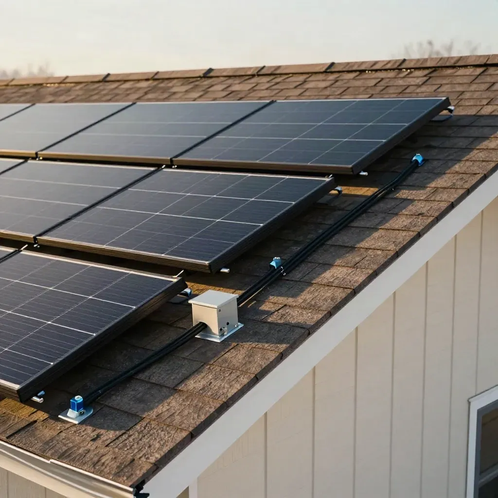 Solar panels and junction box on a cedar-shingled roof, shot from the eaves in warm light.