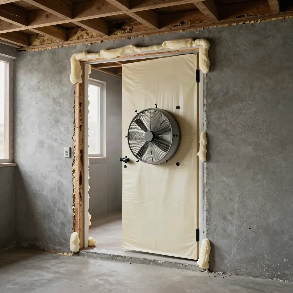 Basement blower-door test setup with fan, sealed vents, and dust in a slanted doorway beam.