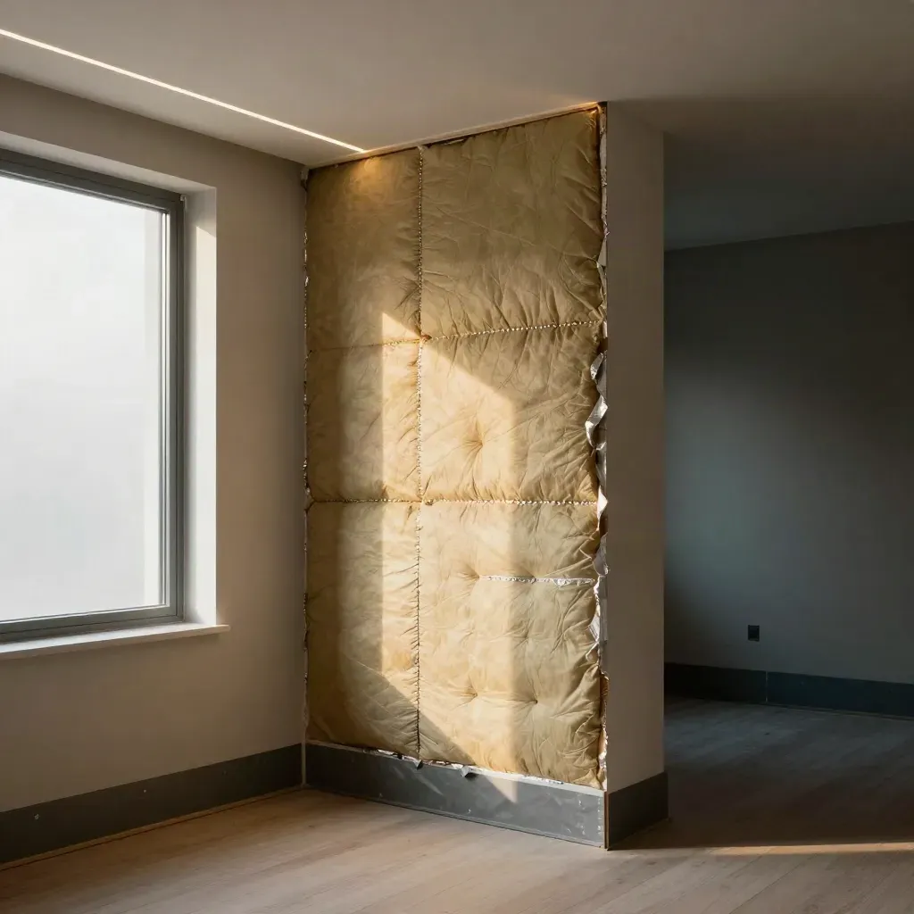 Insulated corner with recessed LEDs, sealed trim and wrapped ductwork in a warm renovated room.