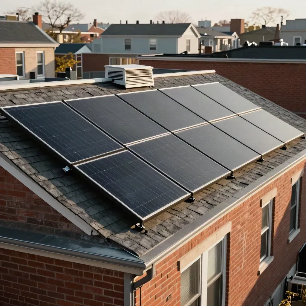 Toronto duplex roof with matte-black solar panels in warm spring sunlight