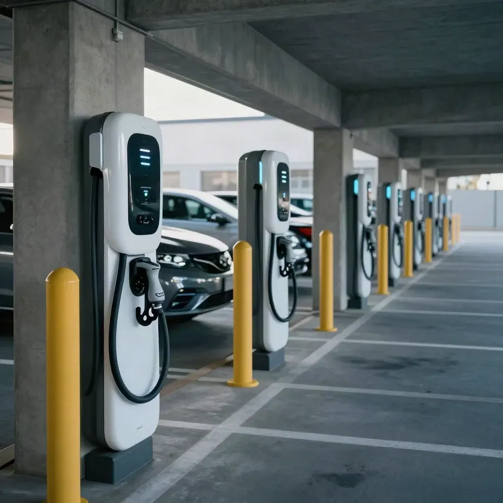 Glowing EV chargers line a striped condo garage lane with parked cars and cool concrete light.