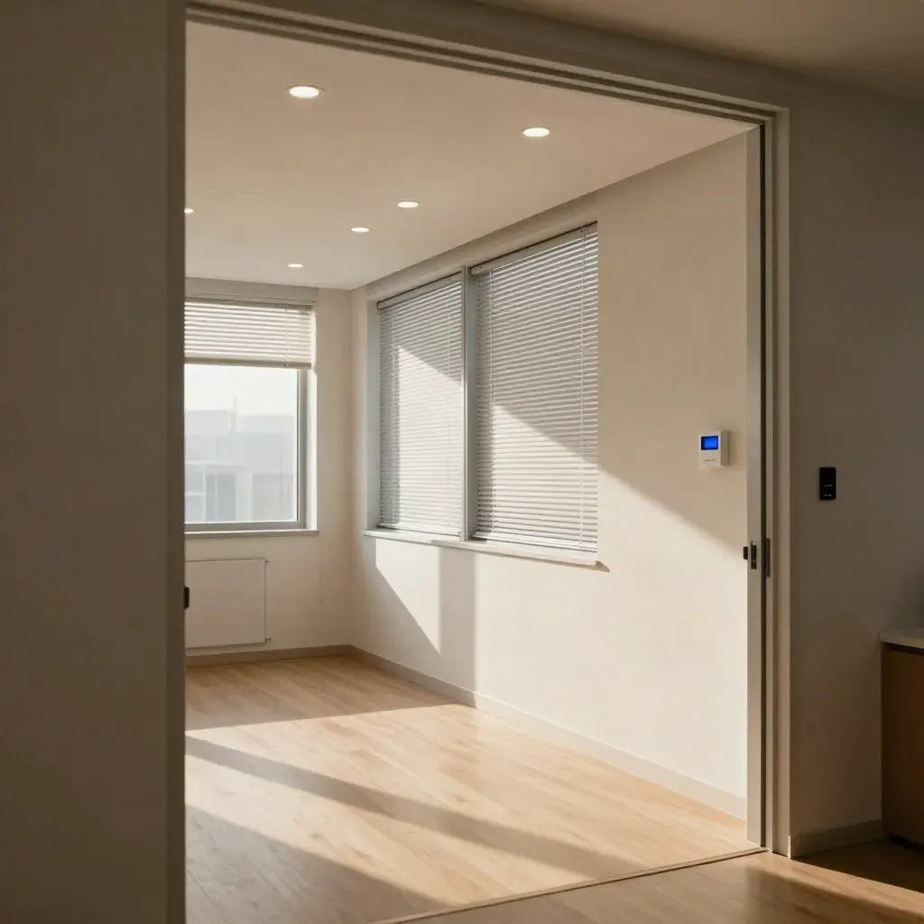 Empty office suite with bright LEDs, balanced blinds and winter daylight after an efficiency upgrade.