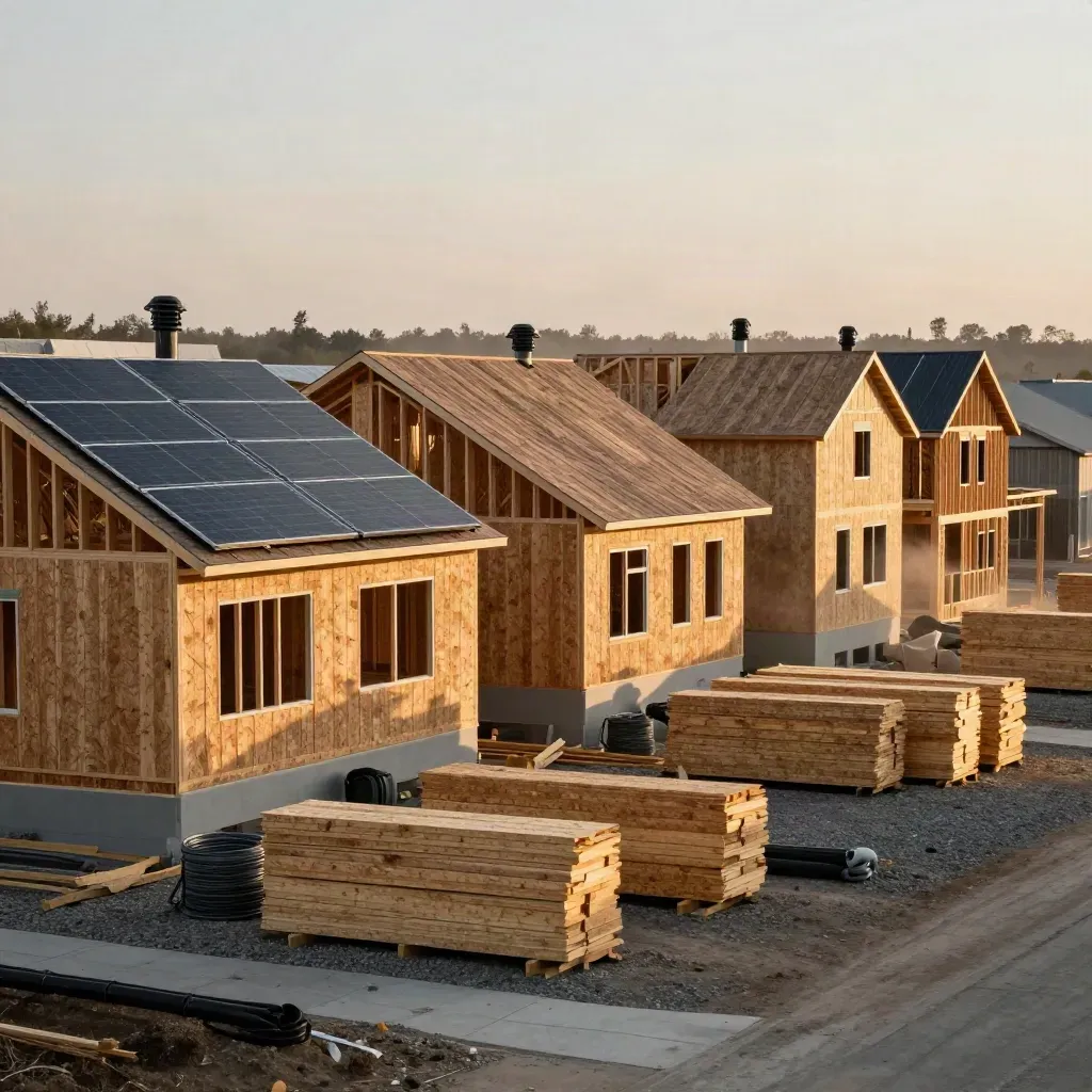 New home shells with solar-ready roofs, service stubs and stacked cladding at dusk