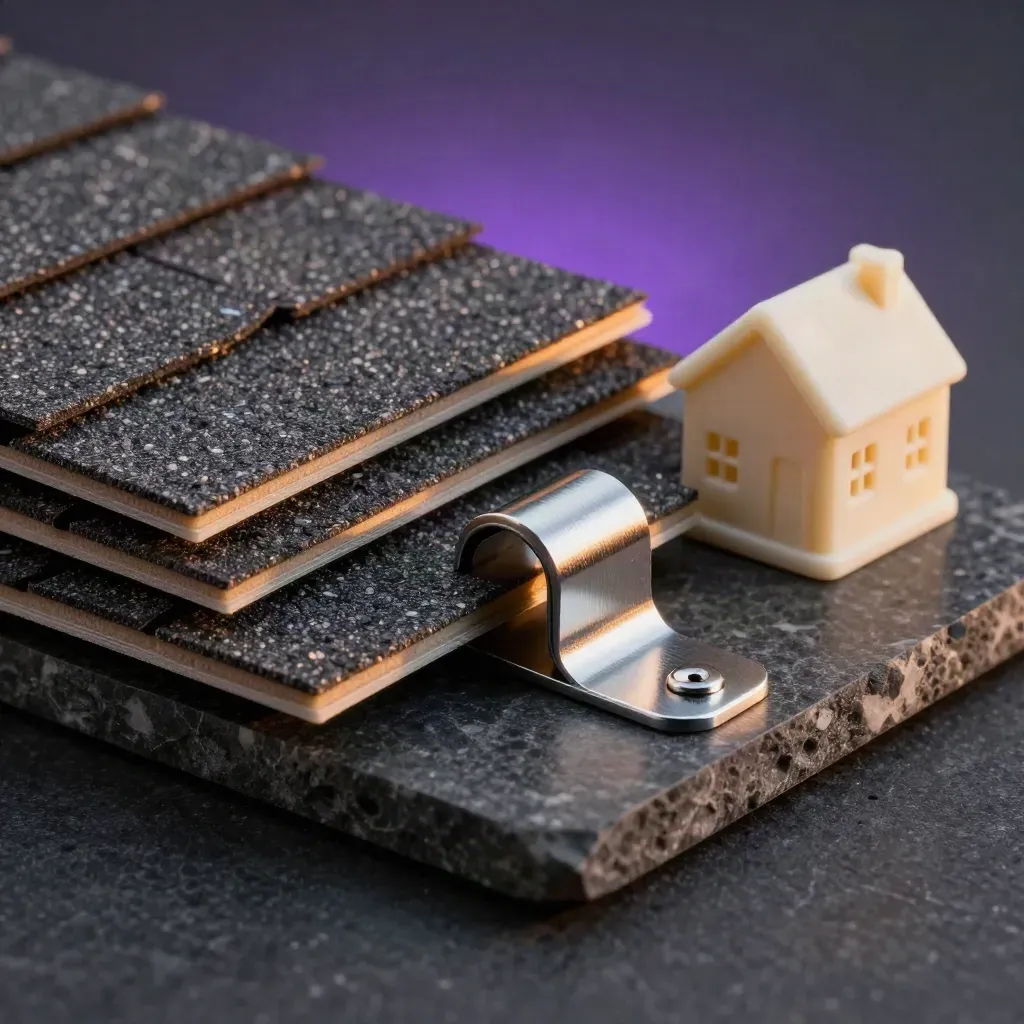 Macro solar design kit with shingle samples, clamp, mount foot and house model on dark stone.