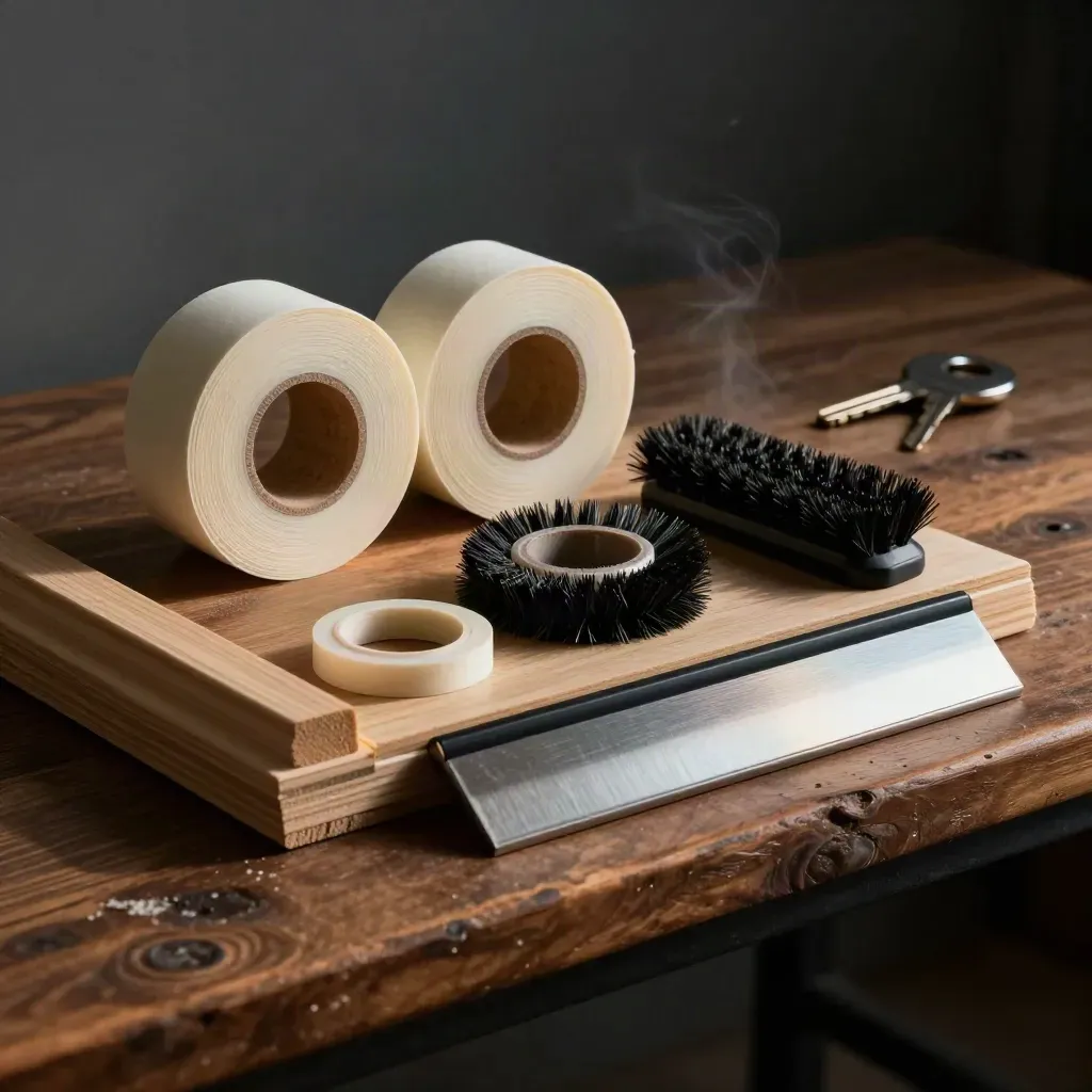 Energy audit toolkit with seals, gaskets and a door sweep on a walnut bench