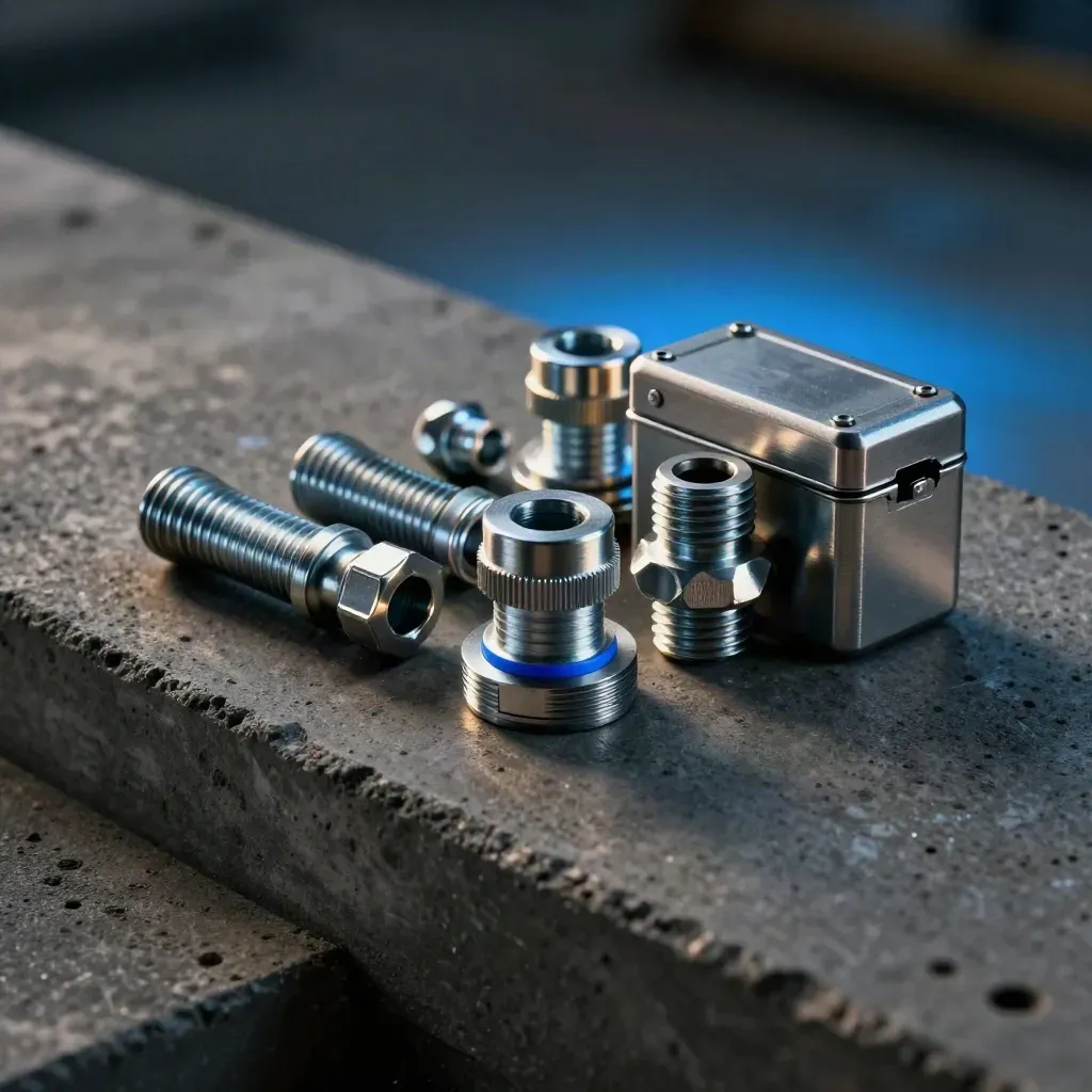 Fasteners, conduit sweeps, cable glands, and a junction box lid on concrete in dramatic closeup