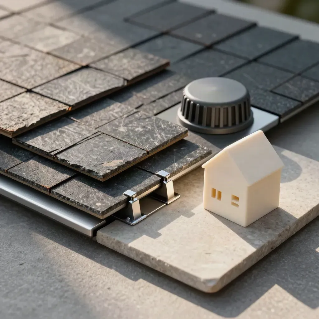 Top-down roof-review still life with shingle samples, solar mount, vent cap and house model on stone