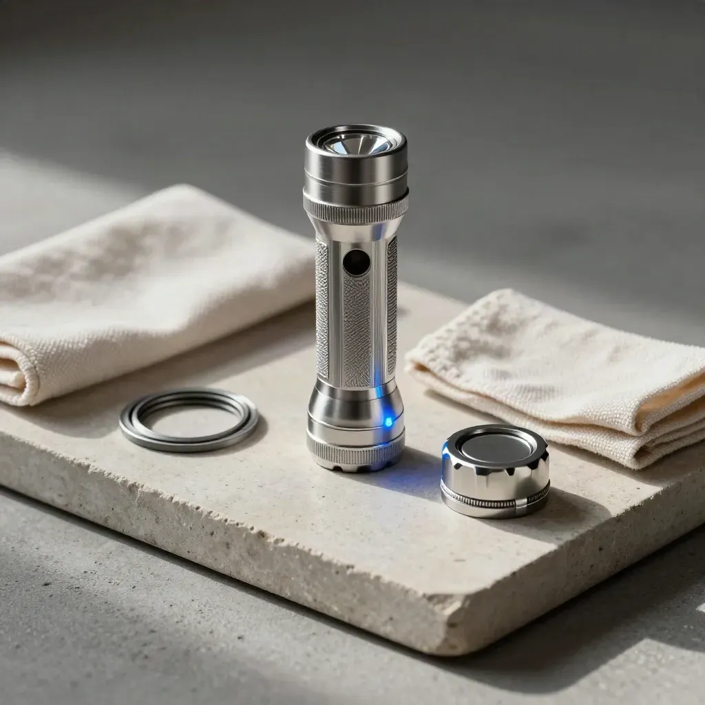Flashlight, gasket, cloth and service cap beside a blue status light on stone tray.