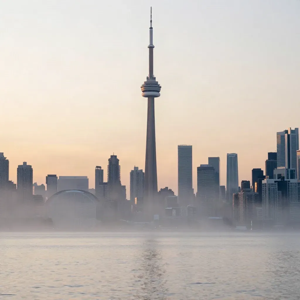 Toronto skyline at dawn with CN Tower above hazy Lake Ontario