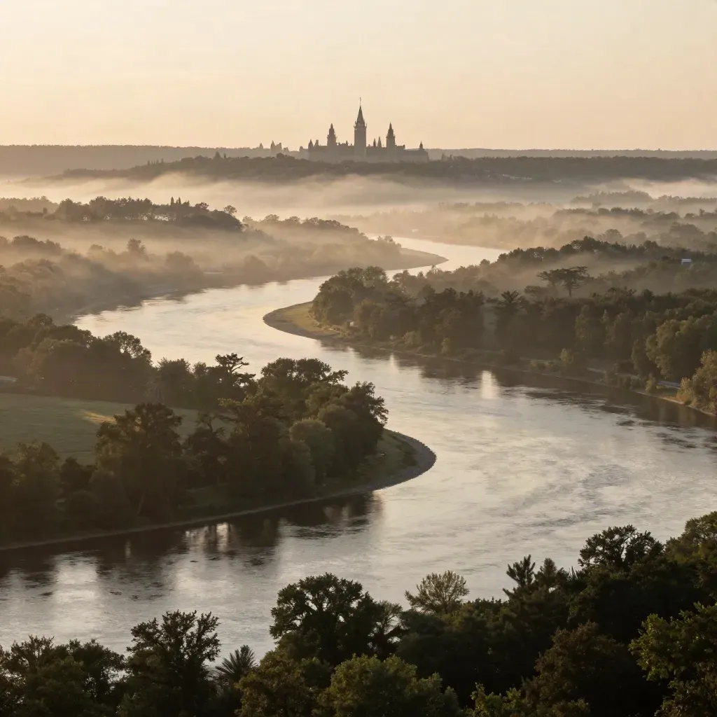 Ottawa Valley river at dawn with misty treetops and distant Parliament silhouettes