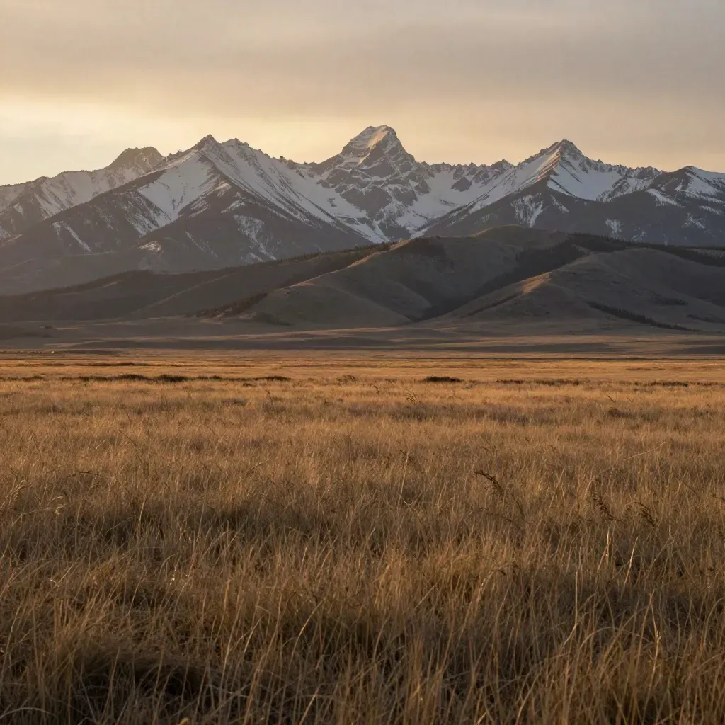 Golden-hour Rockies above prairie foreground in the Calgary region.