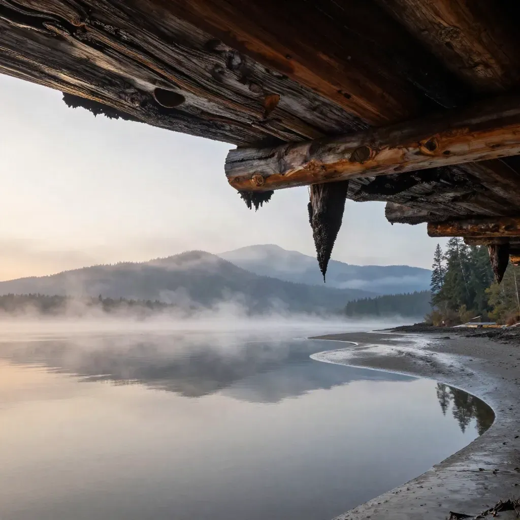 Misty Fraser delta horizon with calm water, cedar shoreline and dark mountains under blue-hour haze