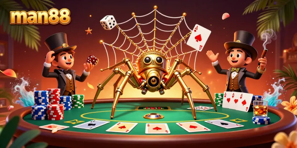 Engage in thrilling gameplay with man88's vibrant 3D casino scene featuring golden spider and poker elements.