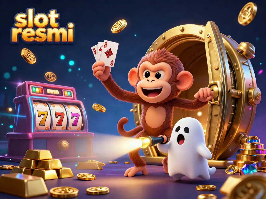 Experience thrilling jackpot excitement at slot resmi with a dynamic casino scene featuring a poltergeist monkey and ghost-hunter puppy.