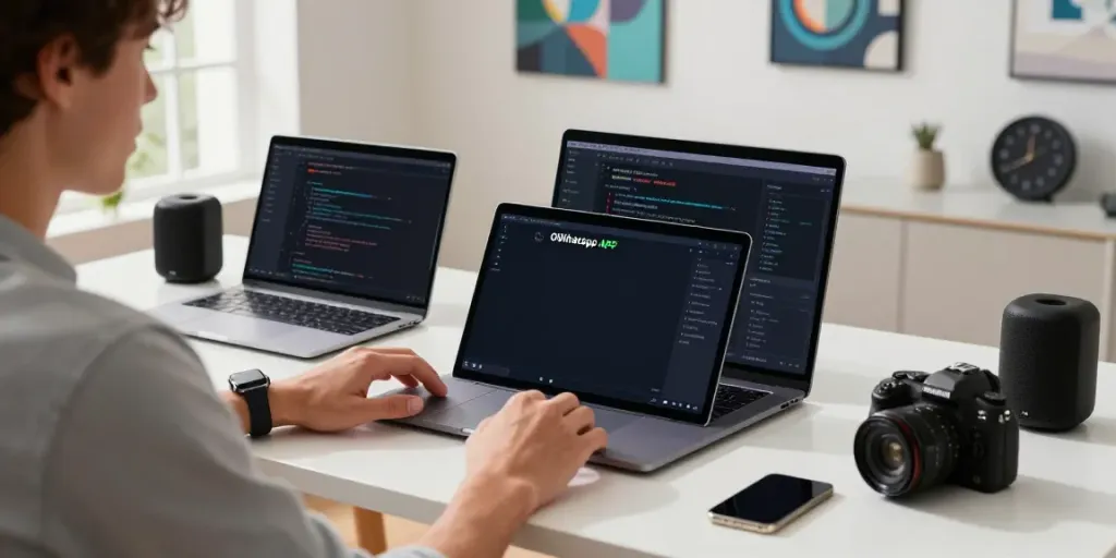 Engaging workspace with OGWhatsApp APK on smartphone and tech setup