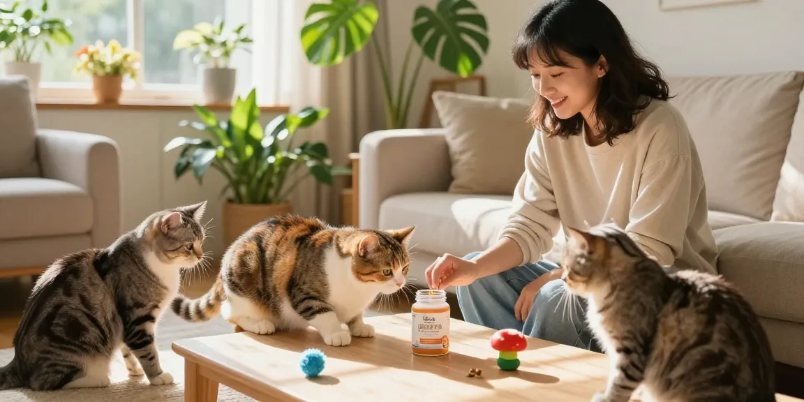 Owner with playful cats and mushroom supplement for cats in cozy living room, enhancing their health naturally.