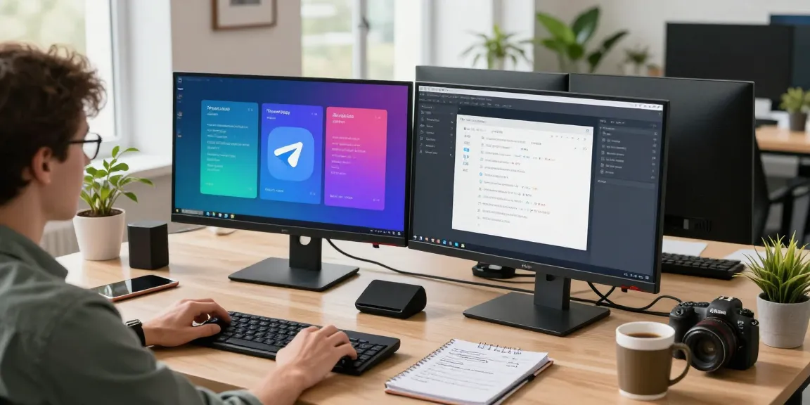 Configuring Telegram Chinese interface in a modern workspace setting with technology and translation notes.