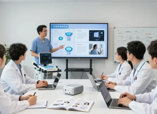 Medical device sales meeting with sales rep showcasing portable ultrasound machine to doctors, highlighting innovative healthcare technology.